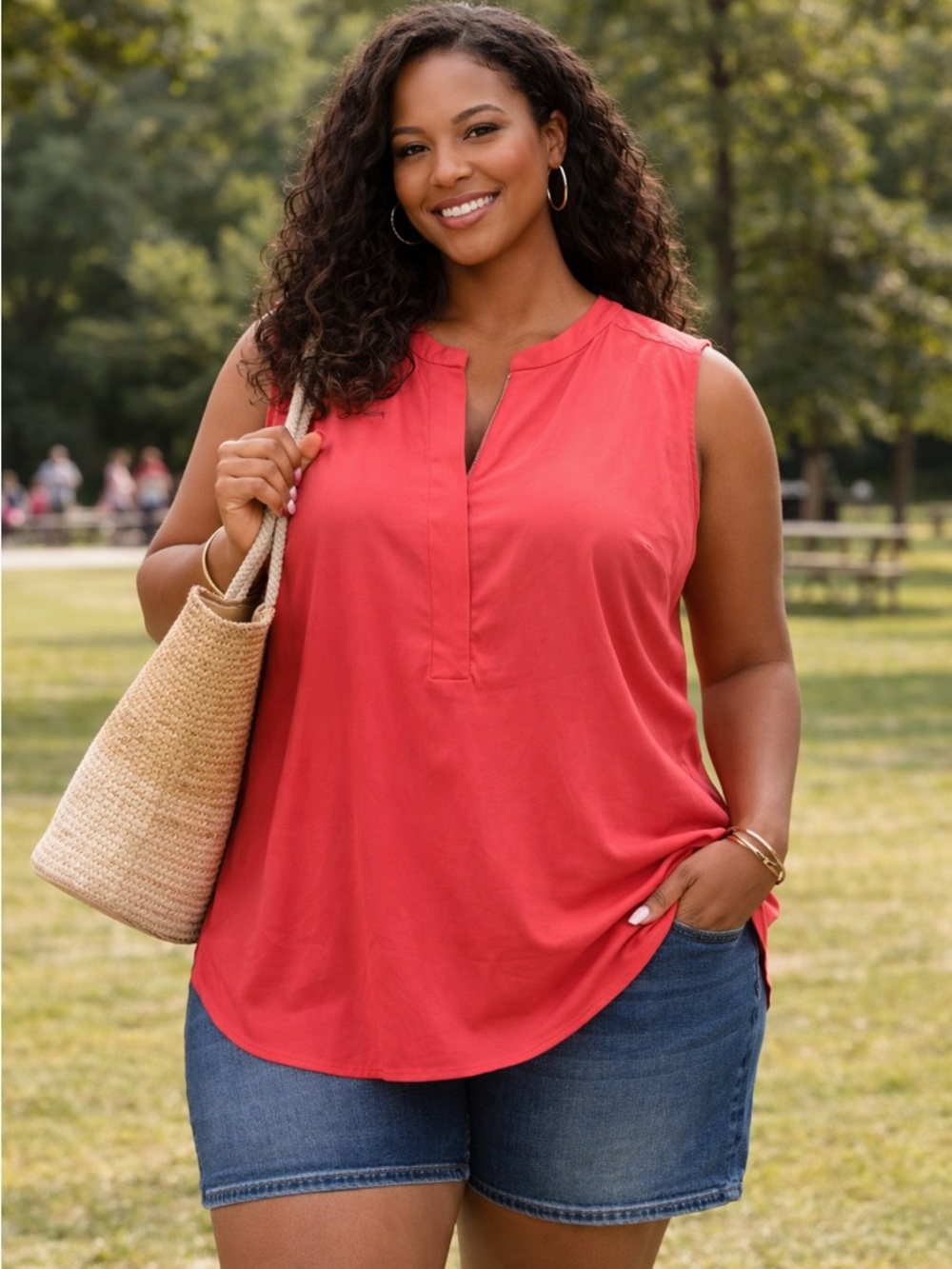 Hilary Radley Coral-Red Sleeveless V-Neck Tank Top